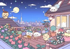 an animated image of cats sitting on the roof of a house with flowers and plants