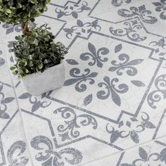 a potted plant sitting on top of a tiled floor next to a white vase