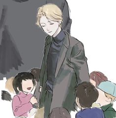 a drawing of a man in a suit and some kids