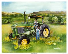 a painting of two people standing next to a tractor in a field with yellow flowers