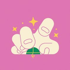 a hand reaching for a green object with gold stars on the top and pink background