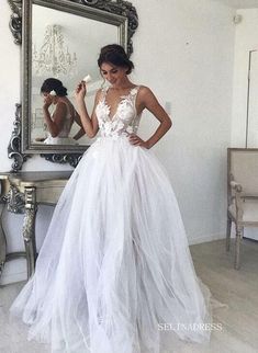 Elegant V neck White Applique Wedding Dresses Lace Wedding Gowns EWR807|Selinadress Winter Wedding Venues, Tulle Balls, Beach Bridal Gown, Prom Dress Evening, Beach Bridal, Backless Wedding, Tulle Ball Gown, Backless Wedding Dress, Tulle Wedding