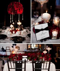 the table is decorated with red roses and candles for an elegant dinner or wedding reception