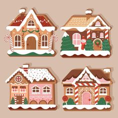 four gingerbread houses with candy canes on them