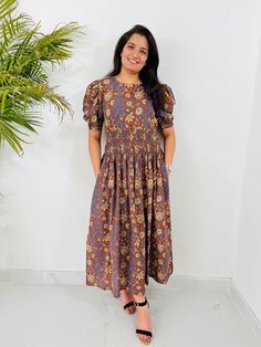 Hand Block Printed Dress, Block Print Dress, Indian Tunics, Hand Printed Dress, Indian Cotton Long Gown, Indian Cotton Dress, Printed Dress Approx Measurements (inches) XS - Bust- 34 , Sleeve Length- 14 , Length-53 S - Bust- 36, Sleeve Length- 14 , Length-53 M - Bust- 38 , Sleeve Length- 12, Length-53 L - Bust- 40, Sleeve Length- 12 , Length-53 XL - Bust- 42, Sleeve Length- 12, Length-53 you can request customization according to you size Women's Designer Indian Ethnic Wear Cotton Hand Block Print Dress you can also wear as One Piece Perfect summer dress for any occasion, ideal with flip flops for the beach club, perfect for simply lounging, morning ventures to the market, and easily dressed up with pretty flats and accessories for evening. I have made this beautiful dress in Indian hand b Cotton Half Sleeve Dress With Pockets, Casual Cotton Floral Midi Dress, Casual Cotton Midi Floral Dress, Relaxed Fit Cotton Midi Dress With Floral Print, Casual Printed Midi Dress With Half Sleeves, Short Sleeve Midi Dress With Pockets For Vacation, Flowy Floral Print Maxi Dress With Short Sleeves, Brown Short Sleeve Maxi Dress For Summer, Modest Cotton Dress With Floral Print