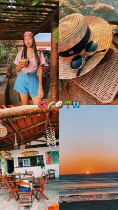 a collage of photos with hats, sunglasses and other items on the beach at sunset