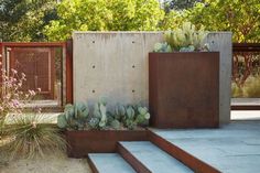 some plants are growing in large metal containers on the side of a concrete wall and steps