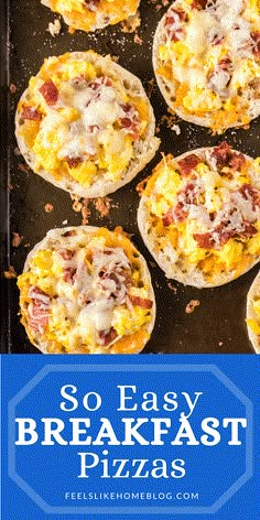 breakfast pizzas on a baking sheet with text overlay