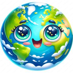 an image of the earth with eyes and stars on it's face, smiling