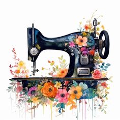 an old sewing machine with flowers painted on it