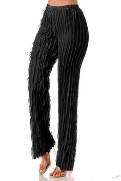 These Sheer Ruffle Detail Pants add a touch of elegance to any outfit. Made specifically for women, these pants feature a sleek black color and delicate ruffle detailing. Perfect for both casual and formal occasions, these pants elevate your style while keeping you comfortable and confident. No closure 95% polyester 5% spandex Hand wash cold Inseam is 32 inches Model is wearing a small Chic Full-length Ruffled Bottoms, Ruffled Wide Leg Pants For Evening, Evening Wide Leg Ruffled Pants, Evening Wide Leg Pants With Ruffles, Wide Leg Ruffled Pants For Evening, Chic Stretch Pants With Ruffles, Evening Wide-leg Ruffled Pants, Elegant Straight Pants For Date Night, Black Ruffled Bottoms For Night Out