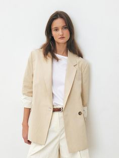 Spring Oversized Blazer With Welt Pockets, Summer Business Casual Relaxed Fit Blazer, Relaxed Fit Single-breasted Blazer For Work, Relaxed Fit Single Breasted Blazer For Work, Neutral Single-breasted Cotton Blazer, Relaxed Fit Blazer With Hidden Buttons For Work, Oversized Spring Business Blazer, Oversized Beige Blazer For Formal Occasions, Spring Oversized Business Blazer