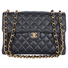 Authentic, pre-owned Chanel CC classic flap jumbo quilted black caviar leather cross body bag. Features flap top with 24kt gold plating CC twist turn lock on the front of the bag, the exterior rear has 1 open side pocket, the interior has Chanel black leather lining and 1 zipper pocket and 1 slip pocket. Comfortably carried on the shoulder with single or double chain and also as a cross body bag. This is one of the most famous designs from Chanel. Add your phone, wallet, cosmetic case, book, key Louis Vuitton Crossbody Bag, Louis Vuitton Crossbody, Leather Cross Body Bag, Classic Handbags, Black Caviar, Baby Diaper Bags, 24kt Gold, Leather Cross, Gorgeous Bags