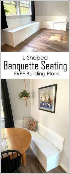 a white bench sitting in the middle of a living room next to a wooden table