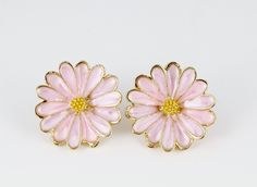 -enamel flower post earrings  -pink flower pendant with yellow and gold center -the flower is 7/8" wide -metal post / stick / stud with rubber stopper closure -lightweight Pink Flower-shaped Enamel Earrings, Pink Flower Enamel Earrings, Vintage Gold Flower Earrings For Spring, Spring Flower Enamel Earrings, Gold Vintage Flower Earrings For Spring, Pink Enamel Flower-shaped Earrings, Nickel-free Enamel Flower Earrings, Yellow Coquette, Medallion Earrings