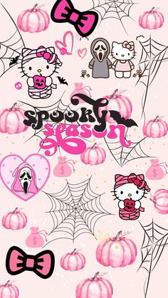 hello kitty halloween wallpaper with pumpkins, spider web and bow ties on it