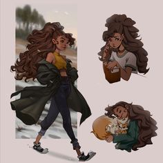 three different poses of a woman with long hair holding a baby and walking in the snow