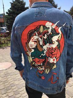 Denim Jacket Painted, Japanese Art Style, Jacket Drawing, Art Jacket, Hand Painted Denim, Japanese Art Styles, Custom Denim Jacket, Hand Painted Denim Jacket, Denim Art