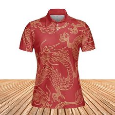 Gold & Red Dragon Women's Polo Shirt. Bring the mythological beauty of the dragon to your wardrobe with this gorgeous Gold & Red Dragon Women's Polo Shirt design. Features a red color polo with a gold color dragon design all over it. If you love dragons then this is the perfect polo shirt for you. Classy yet very comfortable to wear; this polo shirt is perfect to keep you cool and dry all day. Product Details Step out with an instant classic! This polo shirt is an elegant and professional look t Fitted Red Polo Shirt With Polo Collar, Fitted Red Polo Shirt, Red Fitted Polo Shirt, Luxury Red T-shirt With Letter Print, Red Fitted Polo Collar T-shirt, Dragon Fire Tshirt, Streetwear Short Sleeve T-shirt With Dragon Print, Polo Shirt Design, Cotton Crew Neck T-shirt With Dragon Print