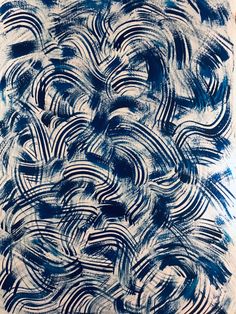 an abstract painting with blue and white lines on it's surface, in the middle of