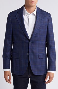 A subtle plaid emerges from the tonal blues of a sport coat tailored from textured wool and styled to elevate any casual or semiformal look. 30" length (size 40) Notched lapels Nonfunctional four-button cuffs Chest welt pocket; front flap pockets Side vents Partially lined 100% wool Dry clean Made in Portugal Custom Fit Fall Blazer For Semi-formal Occasions, Fall Semi-formal Custom Fit Blazer, Custom Fit Notch Lapel Blazer For Fall, Fall Notch Lapel Custom Blazer, Formal Fall Custom Fit Sport Coat, Fall Formal Custom Fit Sport Coat, Custom Fit Blazer For Business In Fall, Custom Fit Business Blazer For Fall, Custom Fit Fall Business Blazer