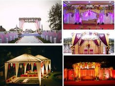 an outdoor wedding venue with white and purple decor