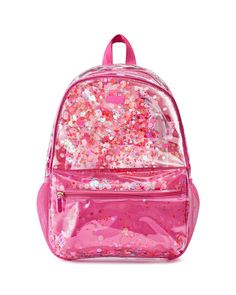 Clear vinyl backpack filled with pink confetti and features a front zipper pocket, mesh side water bottle pockets. Disco Theme Party, Clear Backpacks, School Shopping List, Glitter Backpack, Clear Stadium Bag, Stadium Bag, Glitter Bag, Pink Confetti, Sweet Tart