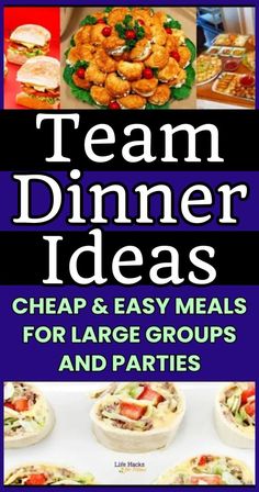 the cover of team dinner ideas, with pictures of different foods and pastries on it