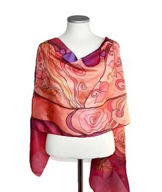 Feather silk scarf Hand painted silk scarf Burgundy scarf Artistic Hand Painted Red Silk Scarf, Hand Painted Artful Silk Scarf, Red Shawl Scarf For Gift, Bohemian Hand Painted Silk Scarf, Artistic Pink Silk Scarf, Hand Painted Bohemian Silk Scarf, Batik Scarf, Burgundy Scarf, Women Scarves