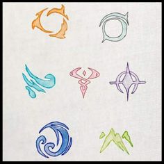 six different colored logos on white paper