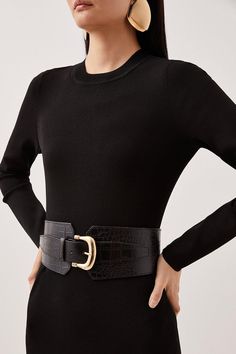 Elevate Your Belt Collection With This Chunky Style Belt, Crafted From Premium Leather Croc For Textural Details, While A Golden-Embossed Buckle Belt Adds A Focal Touch Point For A Cinched Waist Fit.Waist Beltleather Crocchunky Fit Womens Dressy Belt, Formal Belts For Dresses, Womens Dress Belt, High Waist Leather Belts, Black Formal Belt, Big Belts Outfit Women, Cinched Waist Outfit, Thick Belt Outfit, Belt Over Dress