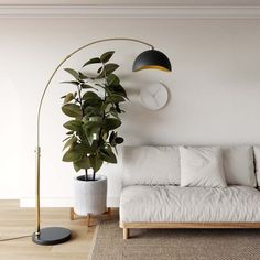 a living room with a couch, lamp and potted plant on the floor next to it