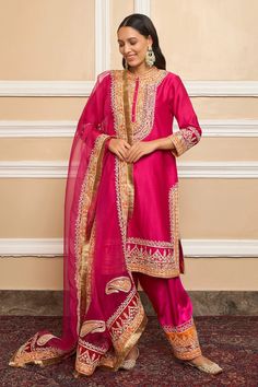 Buy Sheetal Batra Pink Pure Silk Chanderi Kashmiri Tilla Embroidered Kurta Set Online | Aza Fashions Pink Raw Silk Unstitched Suit With Traditional Drape, Pink Silk Salwar Kameez With Dabka Work, Pink Silk Dupatta With Dabka Work, Pink Silk Traditional Wear With Dabka Work, Semi-stitched Katan Silk Traditional Wear With Dabka, Pink Silk Salwar Kameez With Traditional Drape, Pink Anarkali Raw Silk Kurta, Traditional Pink Silk Salwar Kameez, Festive Pink Katan Silk Kurta