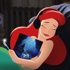 the little mermaid is holding a book and listening to headphones