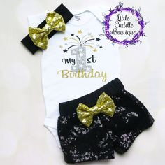 New Year's First Birthday Shorts Outfit, New Year's Baby 1st birthday, New year's birthday ideas, New year party, Baby first birthday ideas, New Years baby outfit, New year's Eve toddler outfit, 1st birthday new year, Holiday photo shoot ideas 1st Birthday New Years Eve Theme, First Birthday New Years Theme, Cute Black Tops For First Birthday, Holiday Photo Shoot Ideas, Baby New Years Outfit, New Years Eve Toddler, Outfit Ideas Birthday, My First New Years Onesie, Holiday Photo Shoot