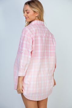 Nothing says casual cool like the Free As Can Be Bleached Button Down. Crafted with three-quarter sleeves, a lightweight woven cotton and a splash of bleach-dipped color, this plaid-print blouse has little hints of purple and yellow. Its breast pocket adds a subtle touch of style. Upgrade your everyday wardrobe with this perfect-for-spring pastel piece. 70% Cotton, 30% Polyester Want to view this on the *Live* Sizing & Styling Guide?! Watch it in the photo section above or click here! *You will Rachel Clark, Styling Guide, Spring Pastels, Purple And Yellow, New Inventory, Style Upgrade, Plaid Print, Print Blouse, Home Free