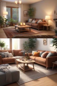 two pictures of a living room with couches and tables