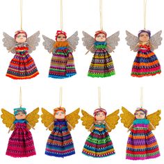 six colorful angel ornaments hanging from strings on a white background, each with an individual's own photo