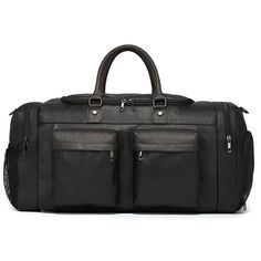 Introducing the Elegant Weekender Travel Duffle Bag, a perfect companion for your travel and gym needs. This stylish bag features multiple compartments, including a dedicated shoe pocket, ensuring your belongings are organized and easily accessible. Features: Material: Made from high-quality faux leather, offering durability and a sophisticated look. Design: Features a sleek design with multiple front zippered pockets, a shoe compartment, and a detachable strap for versatile carrying options. Sp Functional Leather Luggage For Weekend Trips, Functional Leather Luggage For Daily Use, Functional Leather Duffle Bag For Daily Use, Black Travel Bag With Pockets For Weekend Trips, Functional Leather Travel Bag For Weekend Trips, Practical Leather Weekender Bag With Large Capacity, Sporty Travel Bag With Pockets For Overnight Trips, Functional Leather Travel Bag, Sporty Travel Bag For Overnight Trips