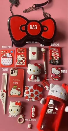 the contents of a hello kitty purse are shown