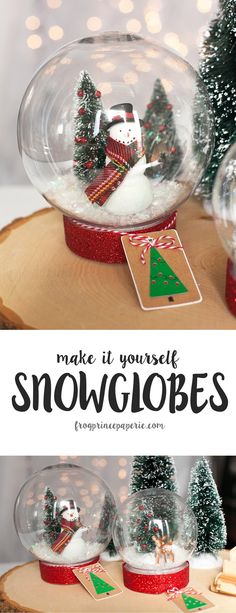 snow globes with christmas trees in them and the words make it yourself