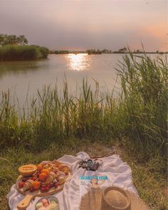 a picnic is set up on the bank of a river with food and drinks in front of it