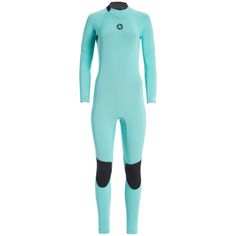 a woman's wetsuit with black and blue details on the chest, in front of a white background