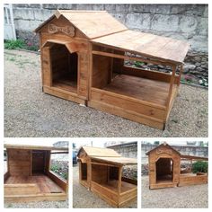 several pictures of the same dog house made out of wood