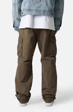 Articulated knees emphasize the baggy, relaxed fit of cargo pants that are cut from soft cotton and fitted with plenty of pockets for stowing a day's essentials. 32 1/2" inseam; 9 1/2" leg opening Zip fly Front pockets; back pockets; cargo flap-patch pockets 100% cotton Machine wash, tumble dry Imported Cotton Cargo Combat Bottoms, Cotton Combat Cargo Bottoms, Combat Style Cotton Bottoms With Pockets, Cotton Combat Straight Leg Pants, Cotton Combat Pants With Straight Leg, Cotton Combat Cargo Pants For Outdoor, Combat Style Cotton Straight Leg Pants, Cotton Combat Bottoms With Multiple Pockets, Combat Cotton Bottoms With Multiple Pockets