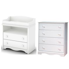 two white dressers and a baby crib are shown side by side in this image