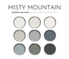 six different shades of paint on a white background with the words misty mountain above them