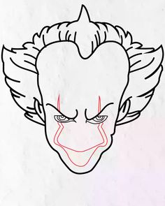 a drawing of a clown's face with red eyes