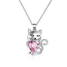 Silver Cat Design Jewelry For Mother's Day, Silver Heart-shaped Cat Design Jewelry, Pink Heart Crystal, Cat Hugging, Triple T, Cat Charm Necklace, Cat Necklace Silver, Cat Hug, Crystal Cat