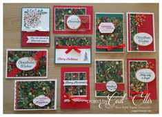 many christmas cards are arranged on a table with red ribbons and bows around the edges